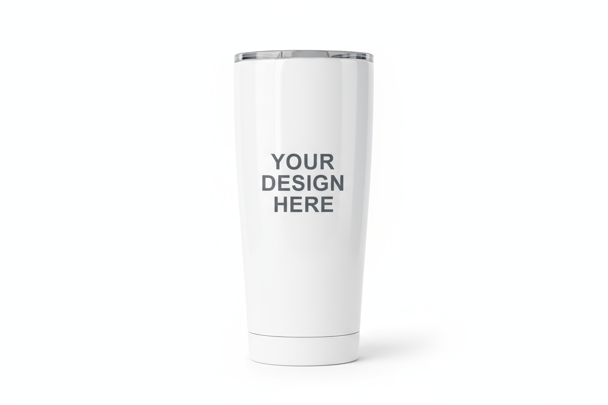 create an image of a blank 20oz skinny tumbler and add words, your design here