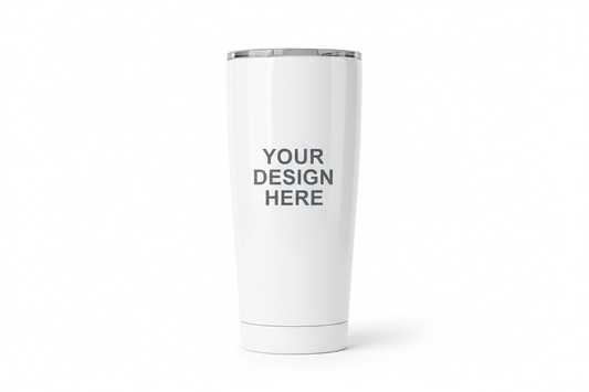 create an image of a blank 20oz skinny tumbler and add words, your design here